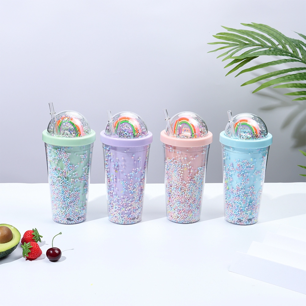 550ML Creative Rainbow Water Bottle with Straw Double Layers Plastic Water Cup Bpa Free Coffee Juice Tea Cup Drinking Bottles